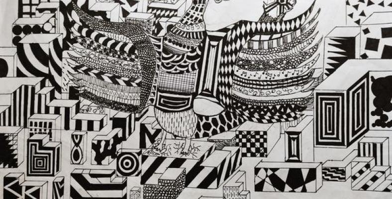 Das Foto zeigt das Bild des Monats Januar von Ben Beyer aus der Klasse 6a zum Thema "Fantasietiere aus Mustern".