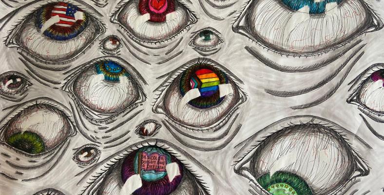 Bleistiftzeichnung von Lilly Anahita Heiliger (Klasse 9a) mit dem Titel "Facettenreiche Augen der Gesellschaft".